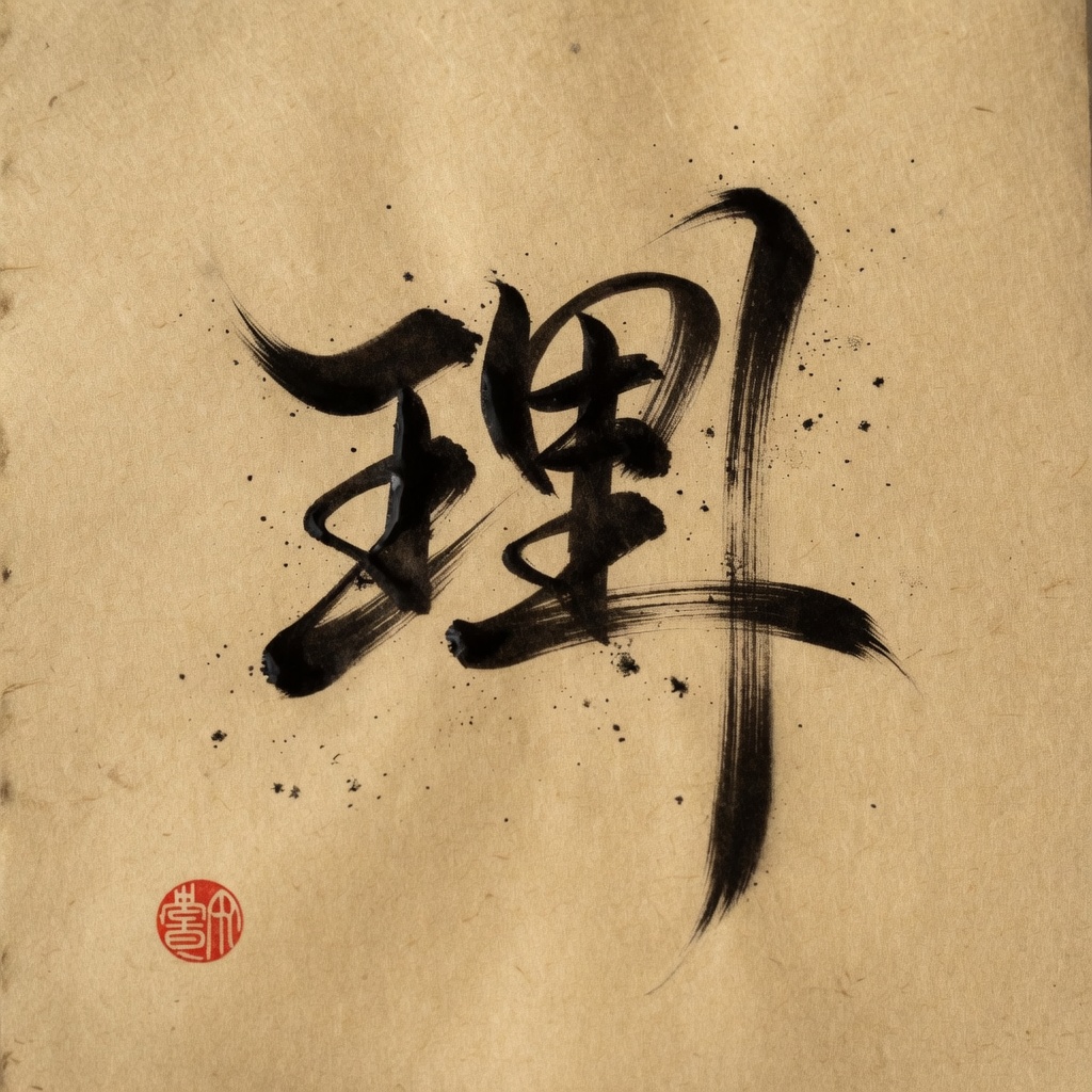 The character 理 brushed in black ink on rice paper, with a vermilion seal.